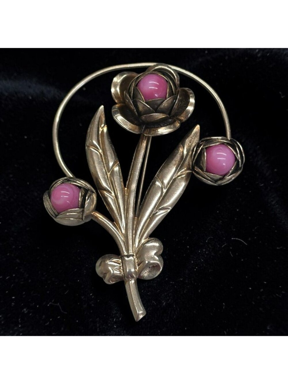 Vintage 1950s Floral Brooch Silver Tone Pink Slag Glass Cabochon Accents